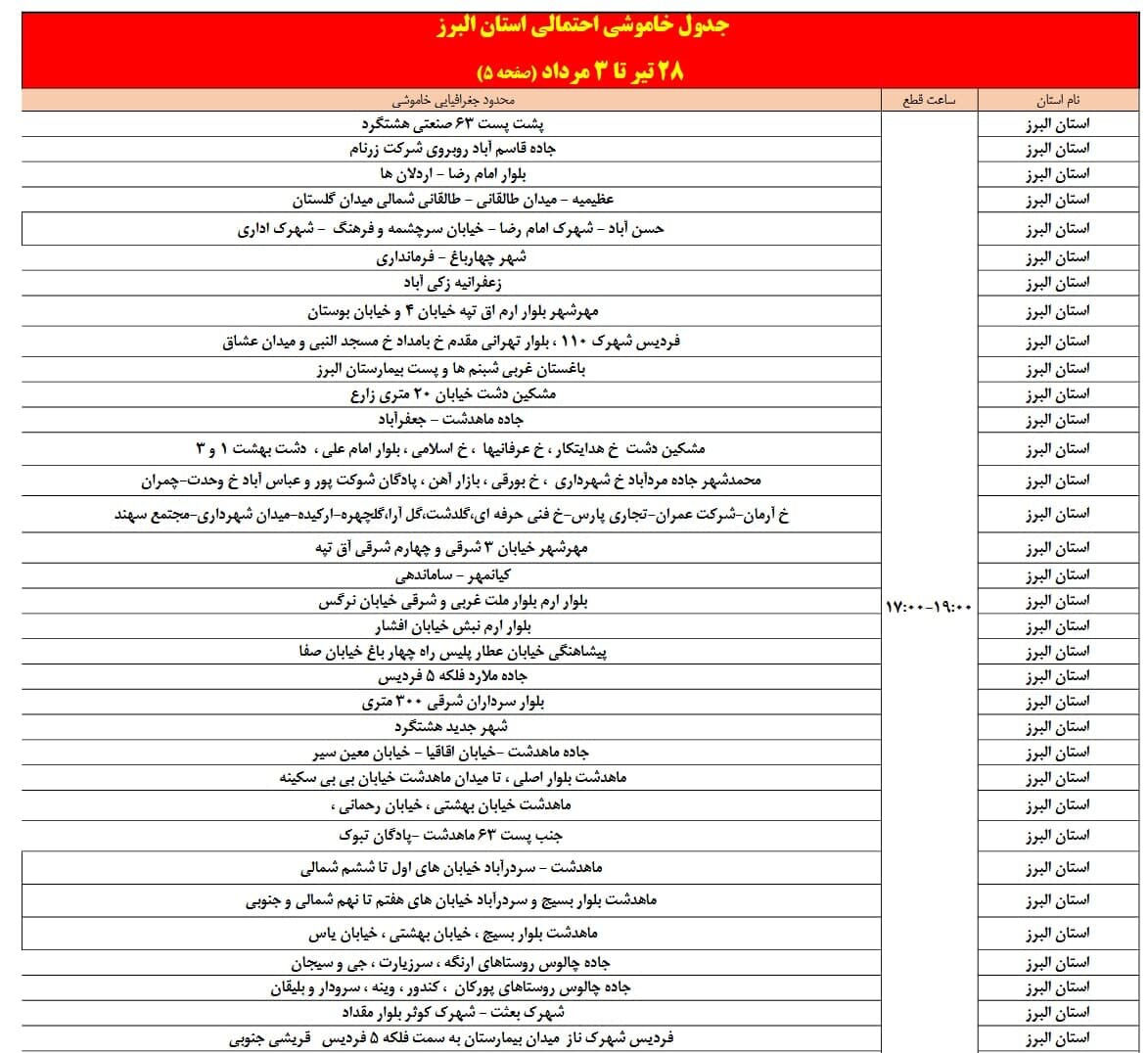 برنامه قطعی برق البرز امروز دوشنبه ۳۰ تیر + لیست مناطق