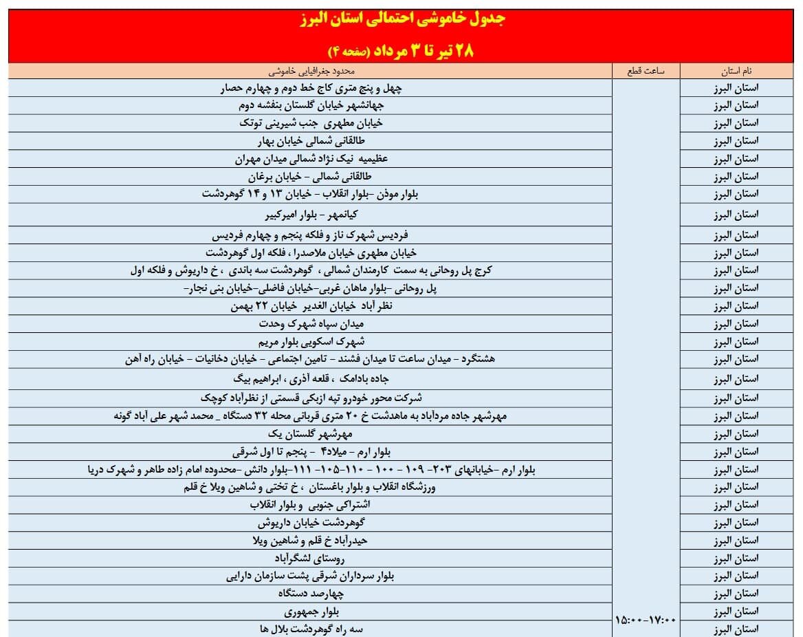 برنامه قطعی برق البرز امروز دوشنبه ۳۰ تیر + لیست مناطق