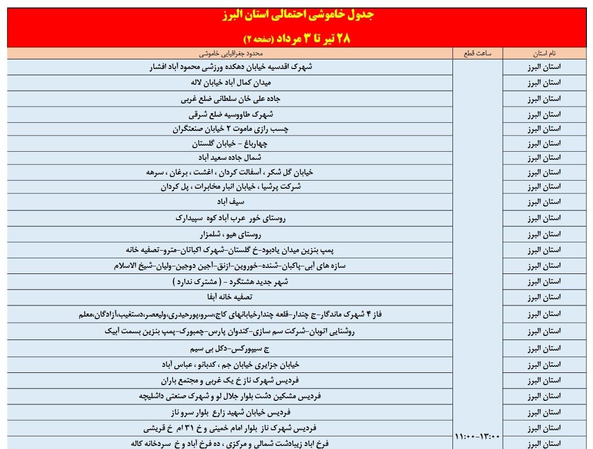 برنامه قطعی برق البرز امروز دوشنبه ۳۰ تیر + لیست مناطق