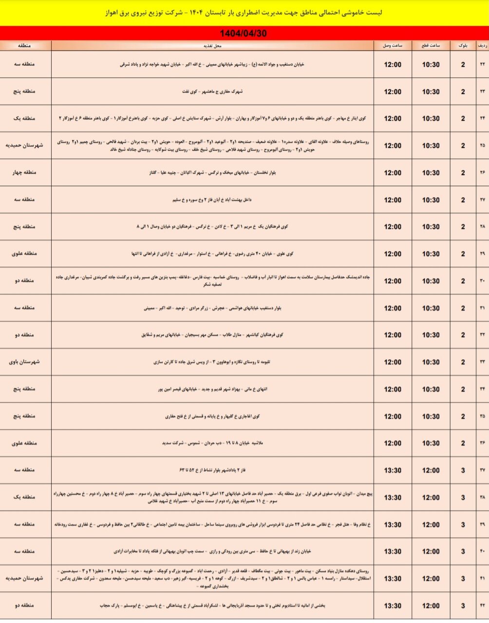 جدول خاموشی برق اهوار دوشنبه ۳۰ تیر
