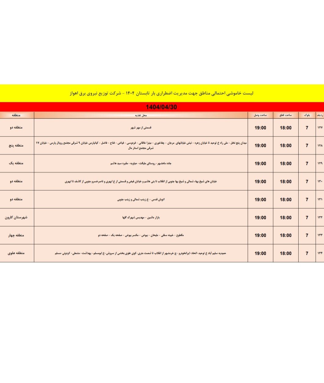 جدول خاموشی برق اهوار دوشنبه ۳۰ تیر