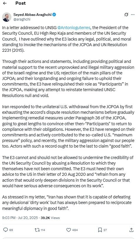 Iran Rejects European Powers’ Authority on Snapback Sanctions Ahead of Nuclear Talks