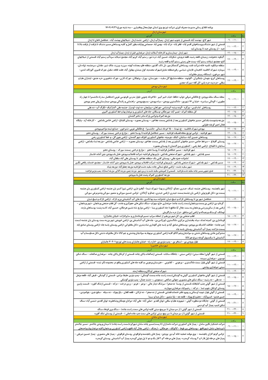 برنامه قطعی برق چهارمحال و بختیاری سه شنبه ۳۱ تیر + جدول