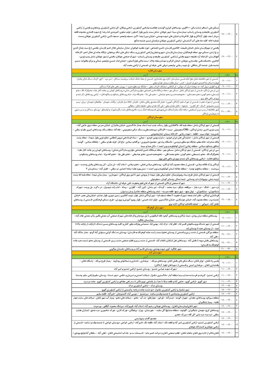 برنامه قطعی برق چهارمحال‌ و بختیاری‌ سه شنبه ۳۱ تیر + جدول