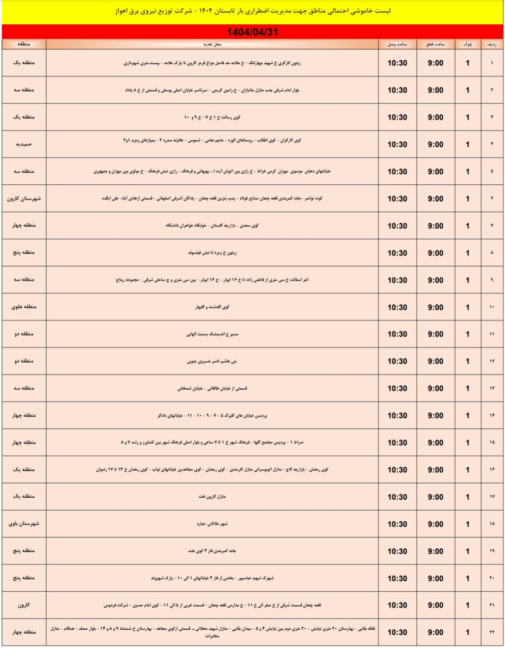 جدول خاموشی برق اهواز سه شنبه ۳۱ تیر