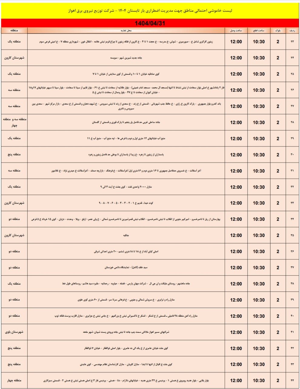 جدول خاموشی برق اهواز سه شنبه ۳۱ تیر