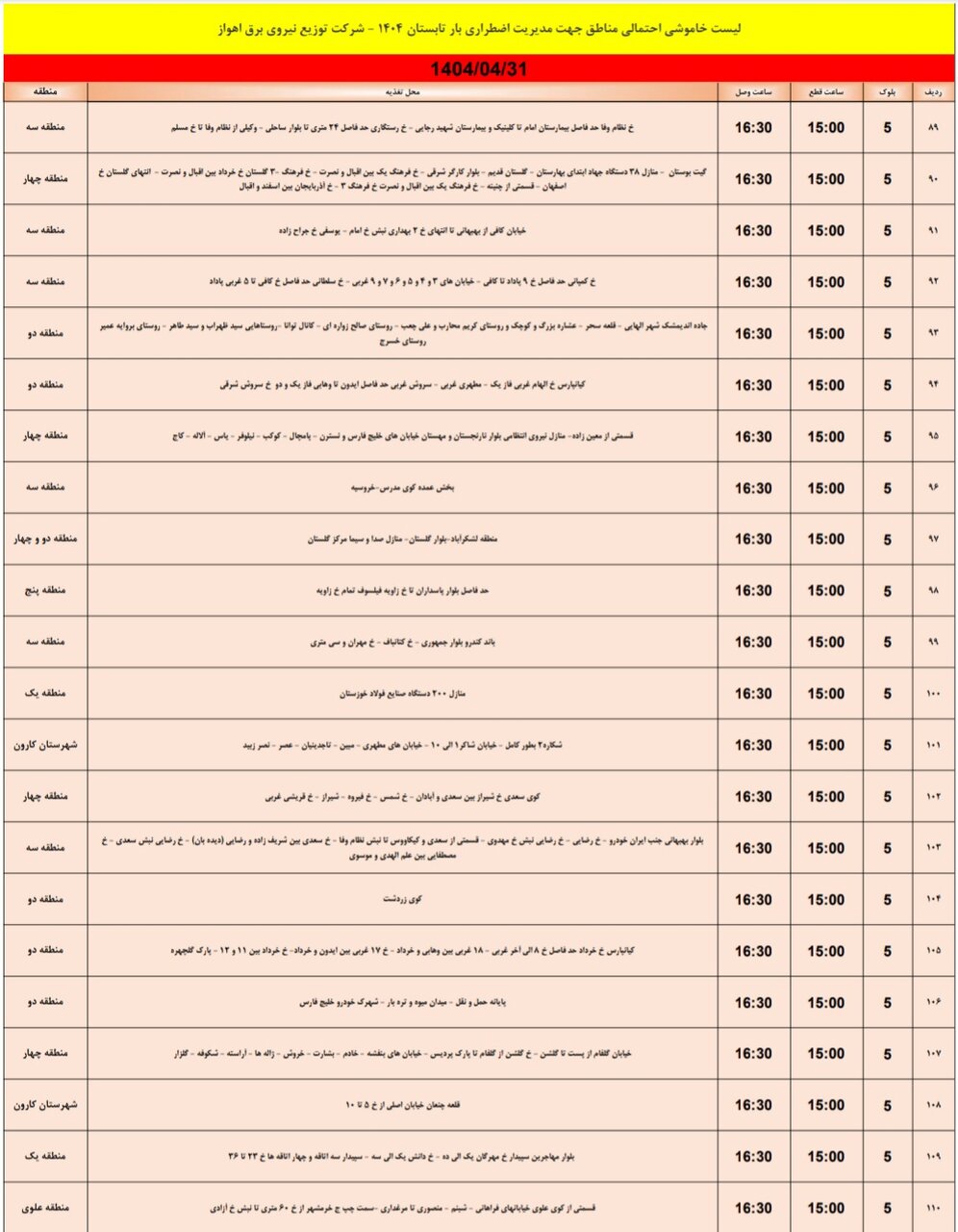 جدول خاموشی برق اهواز سه شنبه ۳۱ تیر