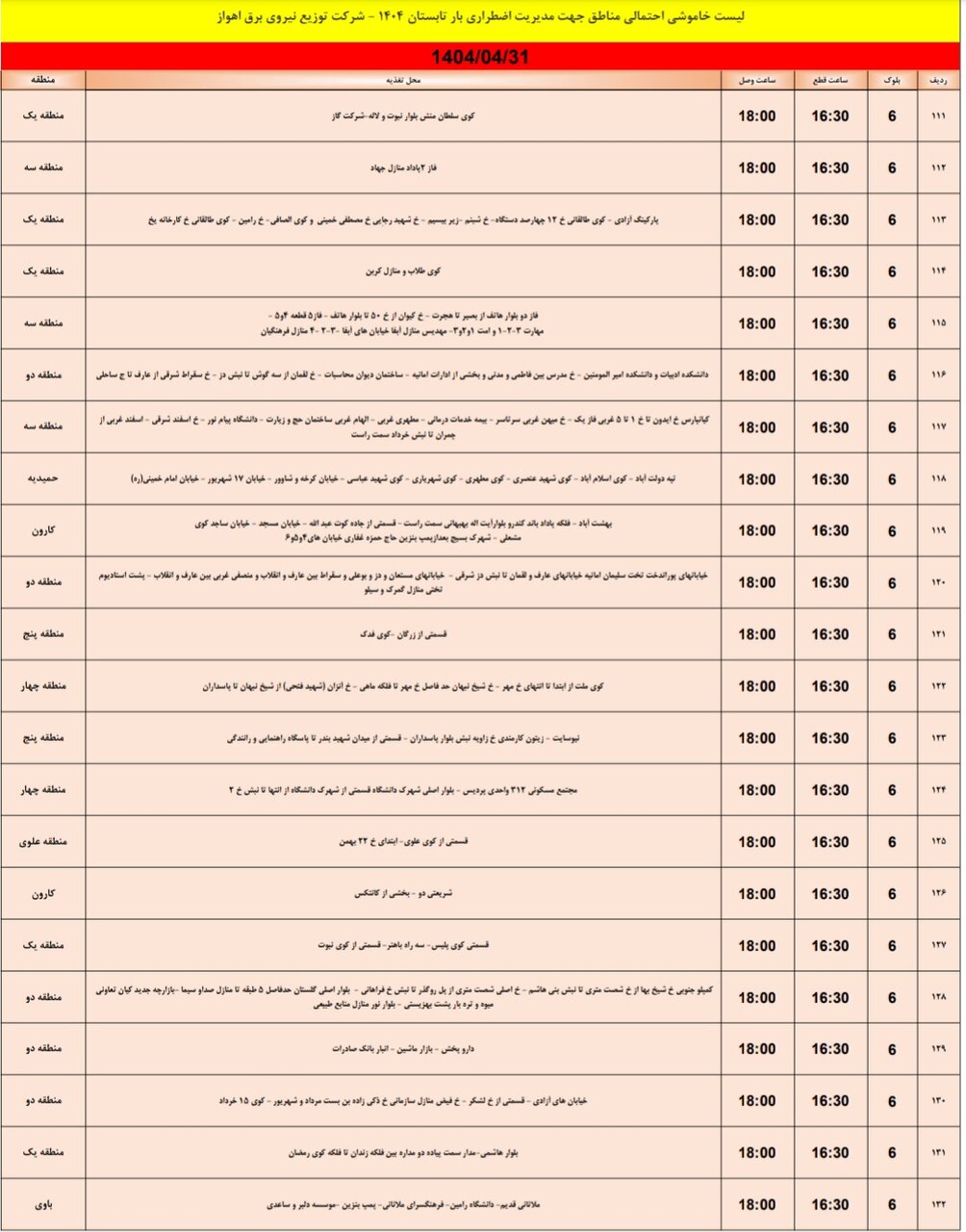 جدول خاموشی برق اهواز سه شنبه ۳۱ تیر