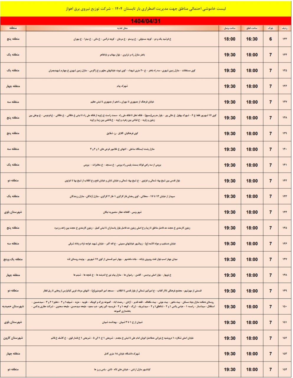 جدول خاموشی برق اهواز سه شنبه ۳۱ تیر