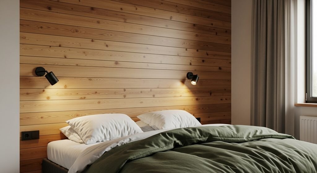 دیوارکوب ترموود پشت تخت در یک اتاق خواب دنج