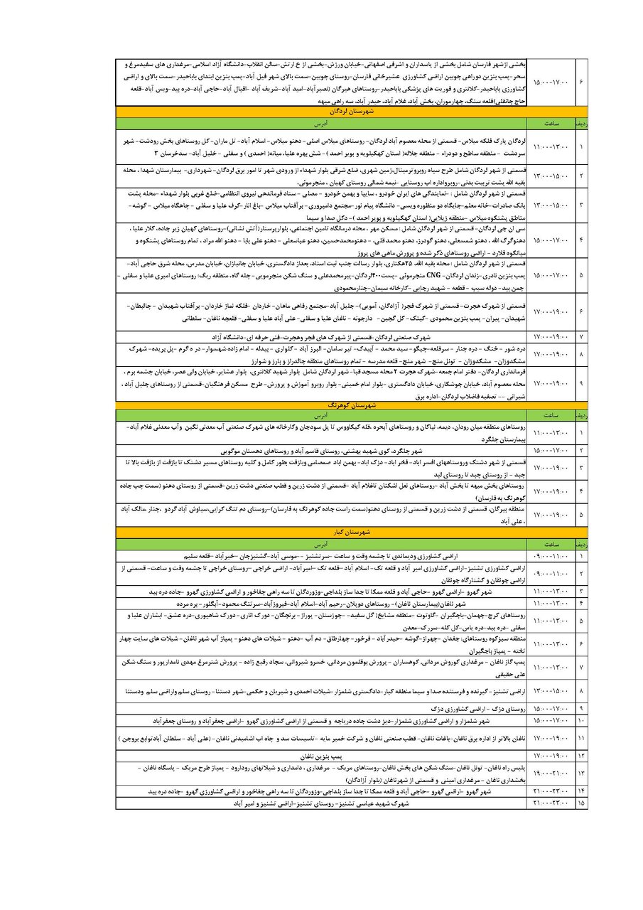 برنامه قطعی برق چهارمحال و بختیاری چهارشنبه ۱ مرداد + جدول