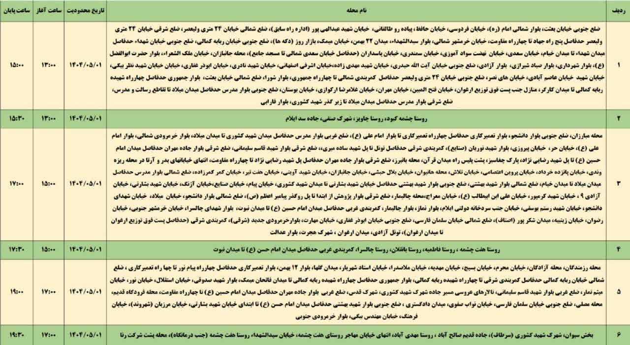 برنامه قطعی برق ایلام امروز یکم مرداد + جدول