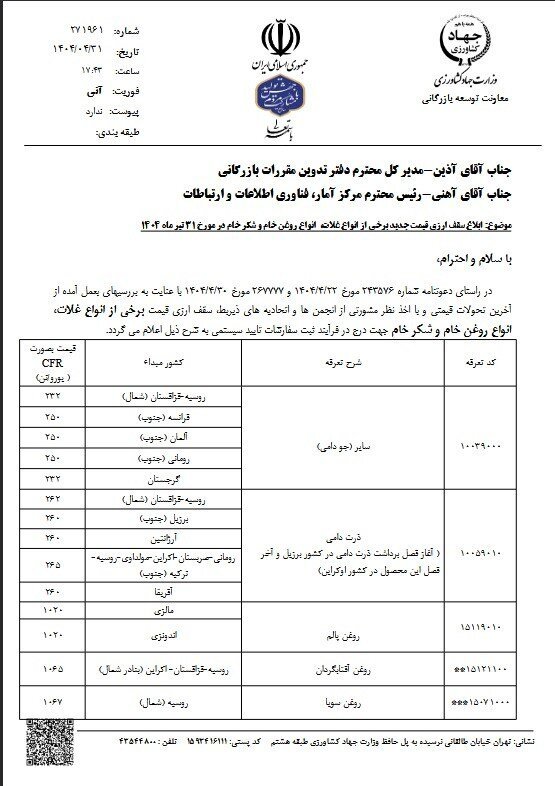 قیمت مصوب جدید نهادههای دامی، روغن و شکر خام اعلام شد