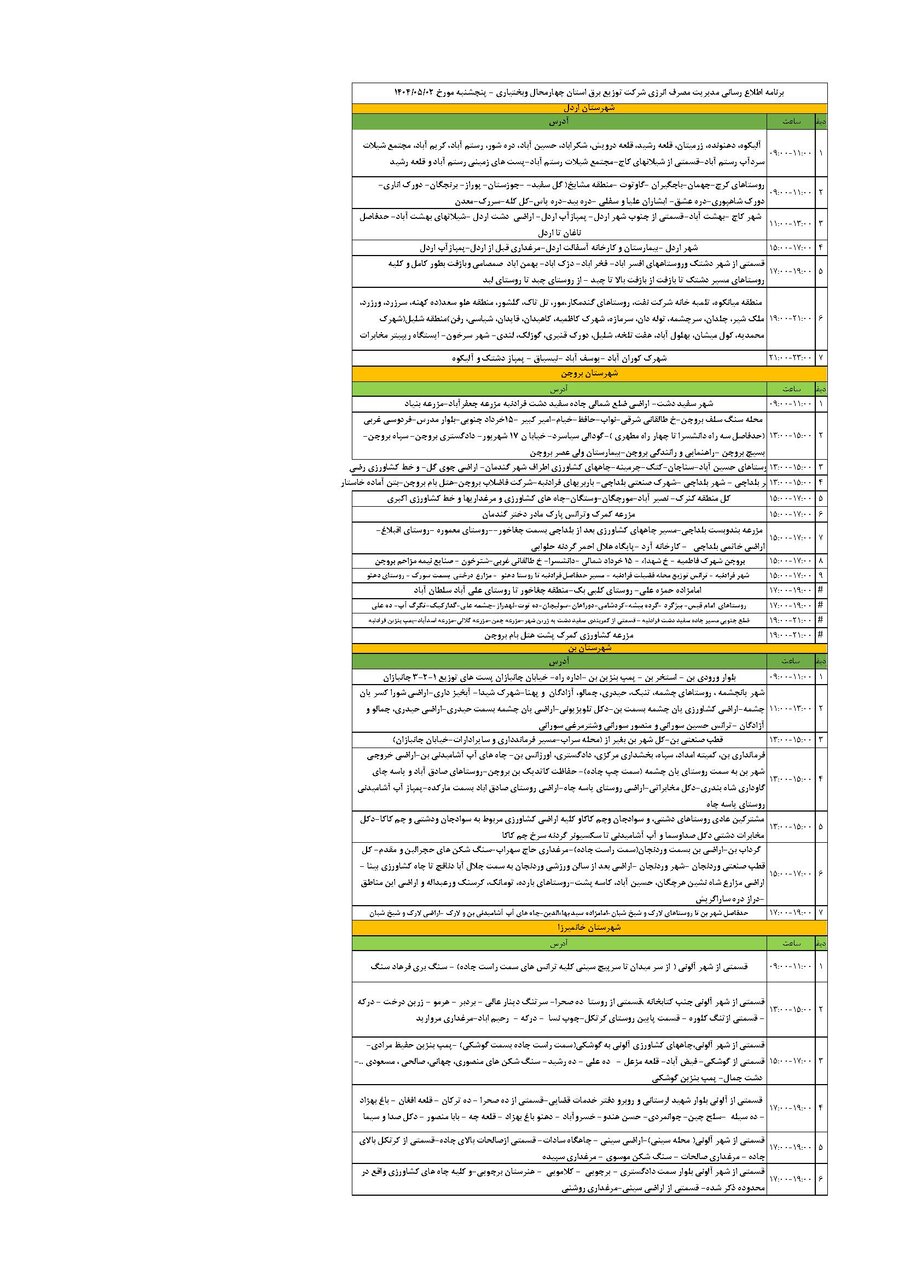 برنامه قطعی برق چهارمحال‌ و بختیاری‌ پنجشنبه ۲ مرداد + جدول