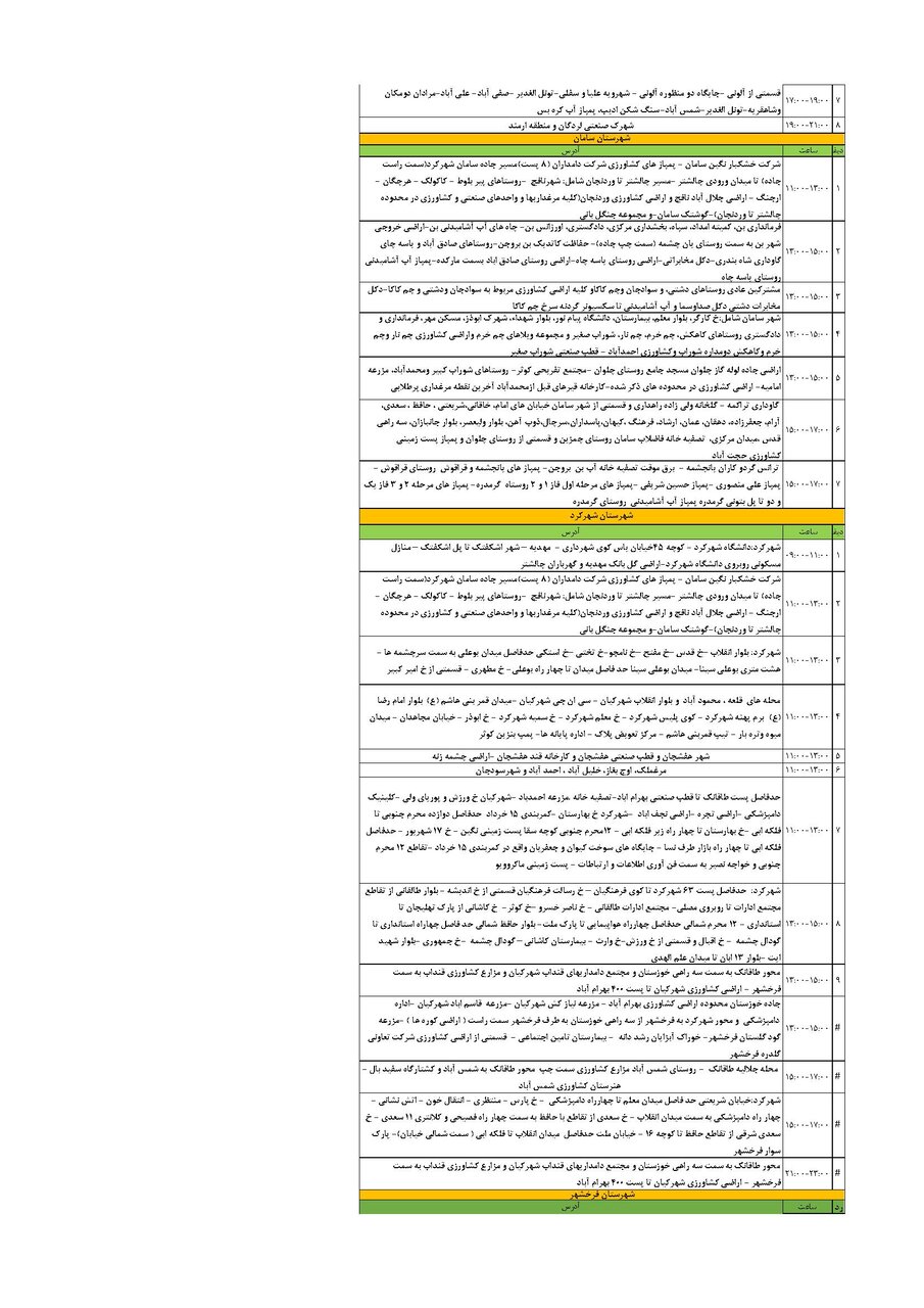 برنامه قطعی برق چهارمحال و بختیاری پنجشنبه ۲ مرداد + جدول