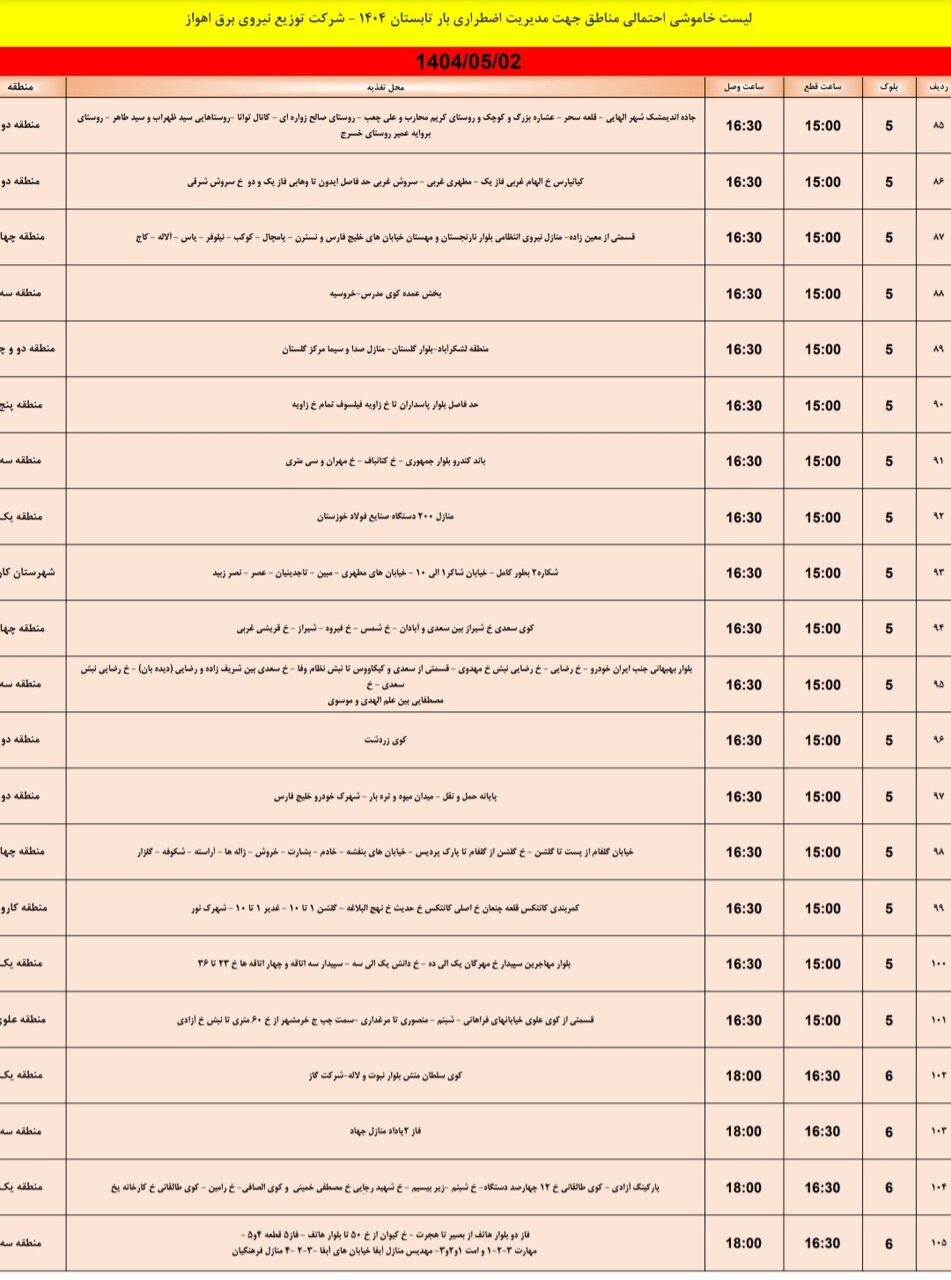 جدول خاموشی برق اهواز پنجشنبه ۲ مرداد