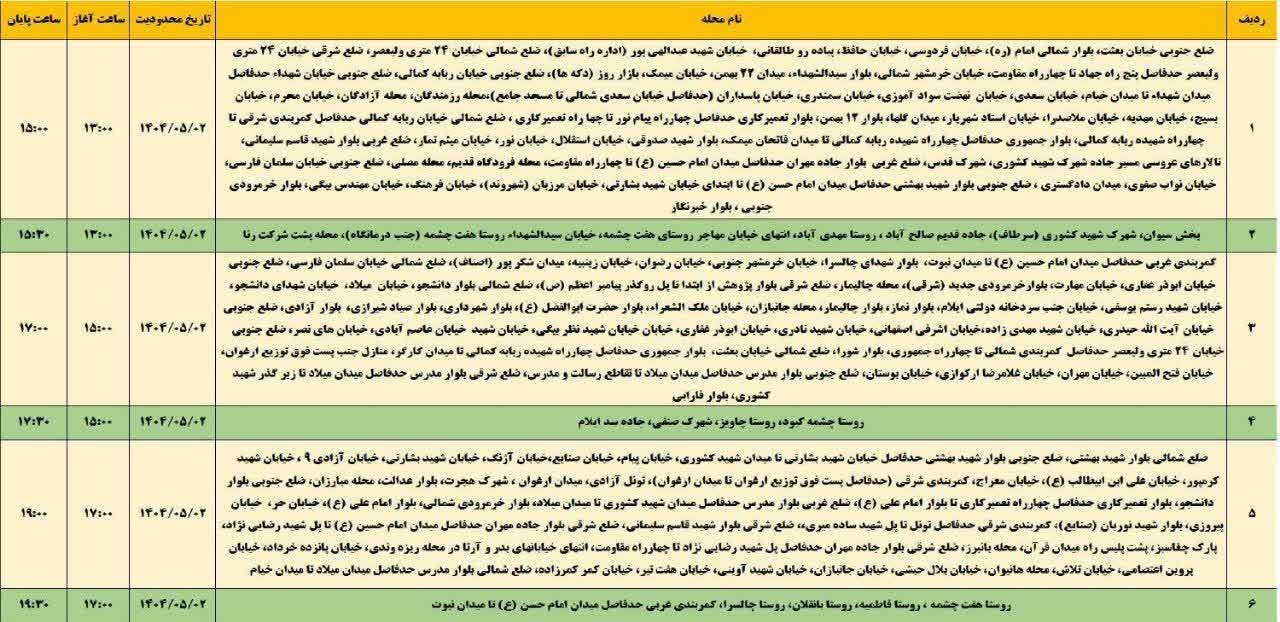 برنامه قطعی برق ایلام امروز پنجشنبه دوم مرداد + جدول