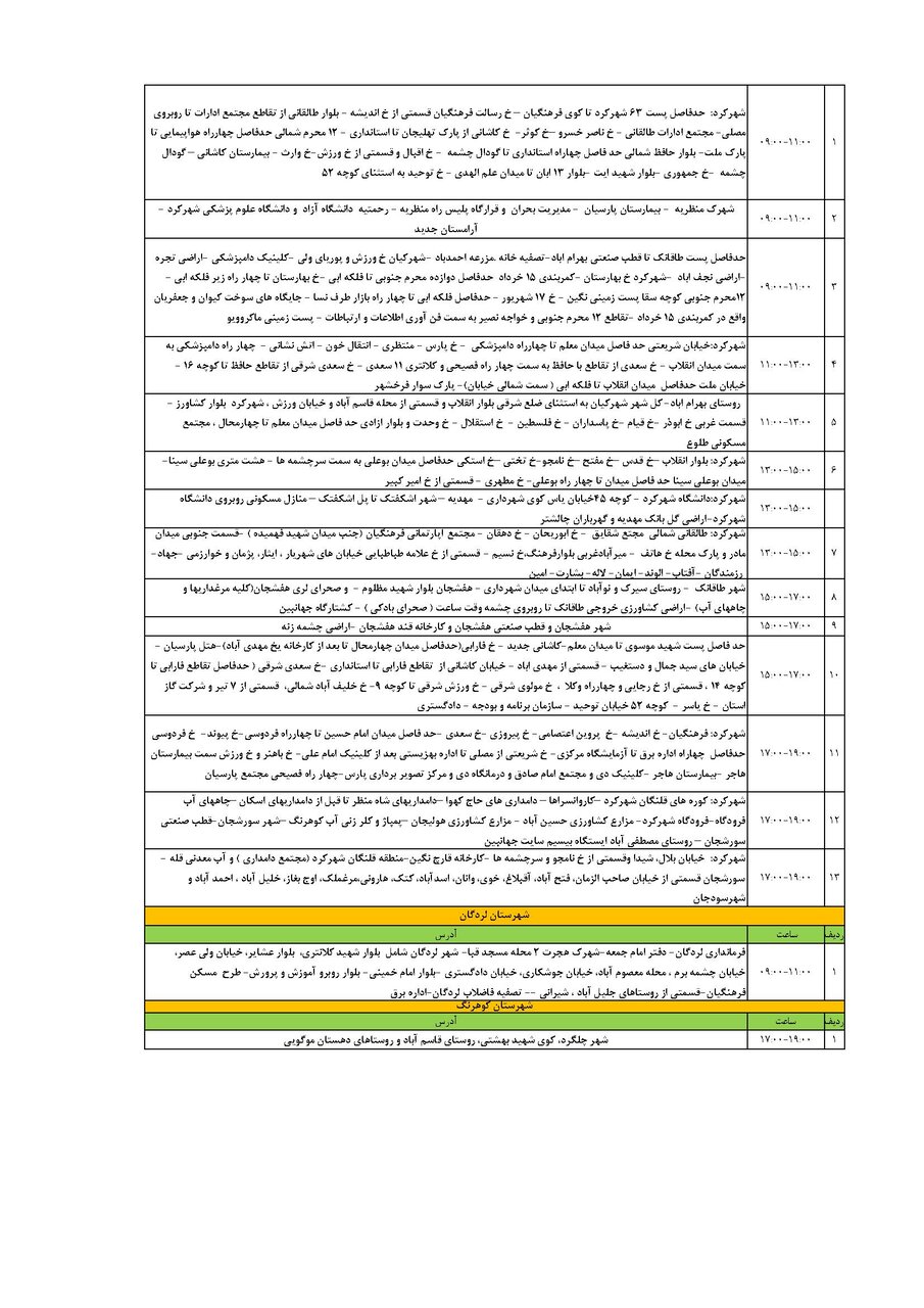 برنامه قطعی برق چهارمحال‌ و بختیاری‌ جمعه ۳ مرداد + جدول