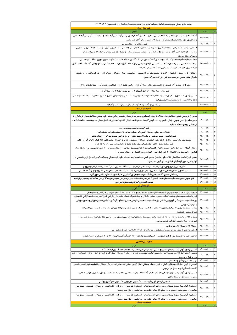برنامه قطعی برق چهارمحال و بختیاری شنبه ۴ مرداد + جدول