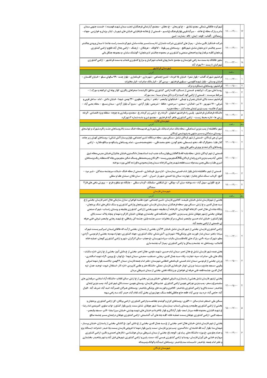برنامه قطعی برق چهارمحال و بختیاری شنبه ۴ مرداد + جدول