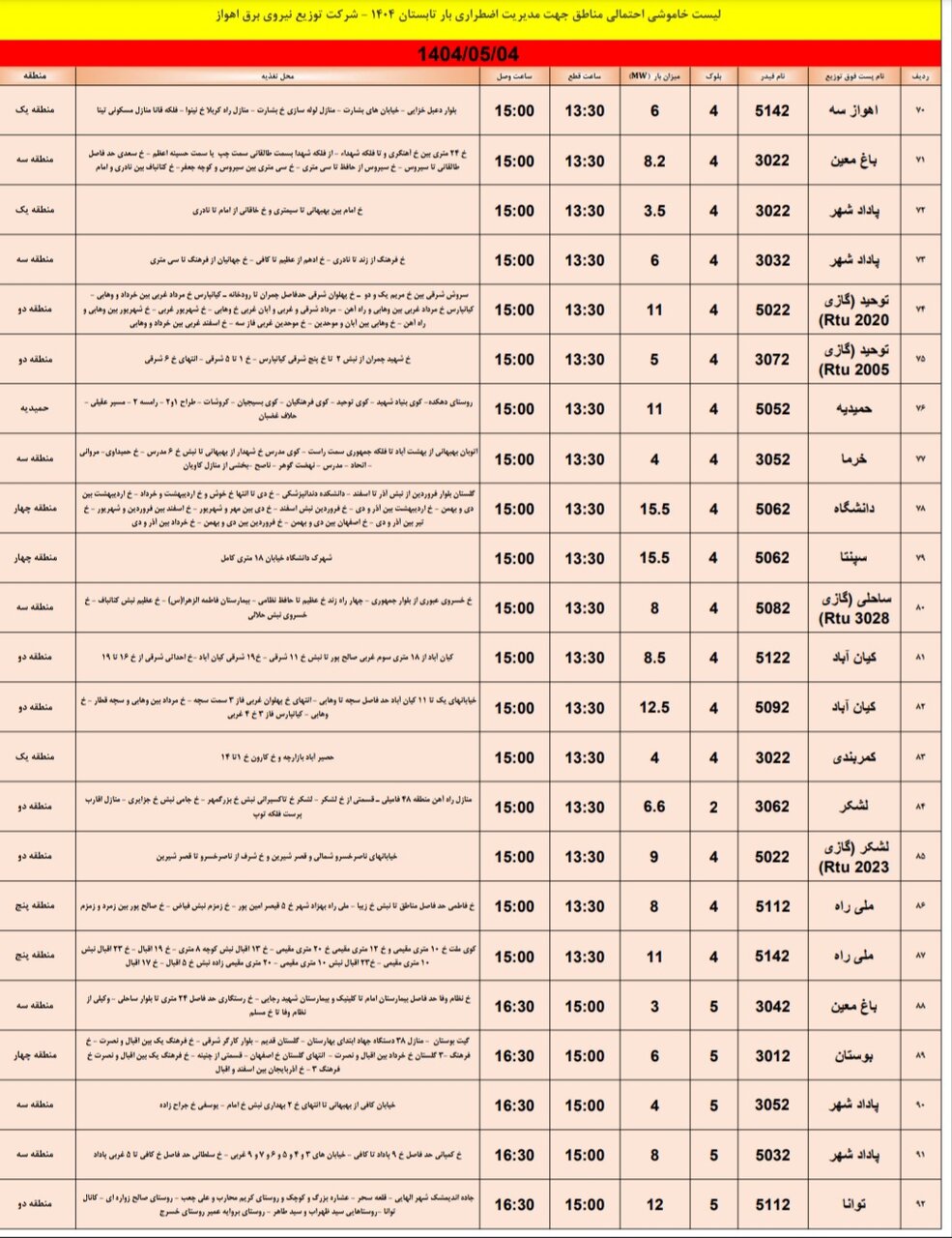 جدول خانوشی  برق اهواز شنبه ۴ مرداد