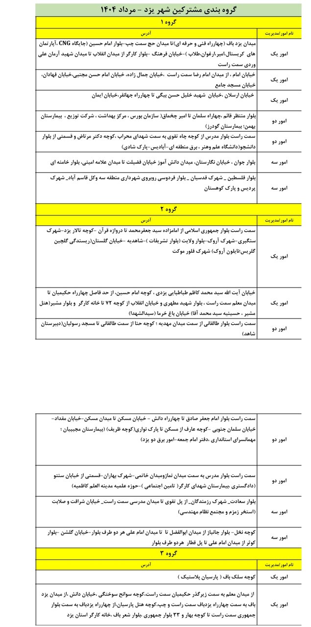 جدول کامل خاموشی برق یزد دوشنبه ۶ مرداد ۱۴۰۴ / زمانبندی قطعی برق ۳ ساعته گروههای مختلف