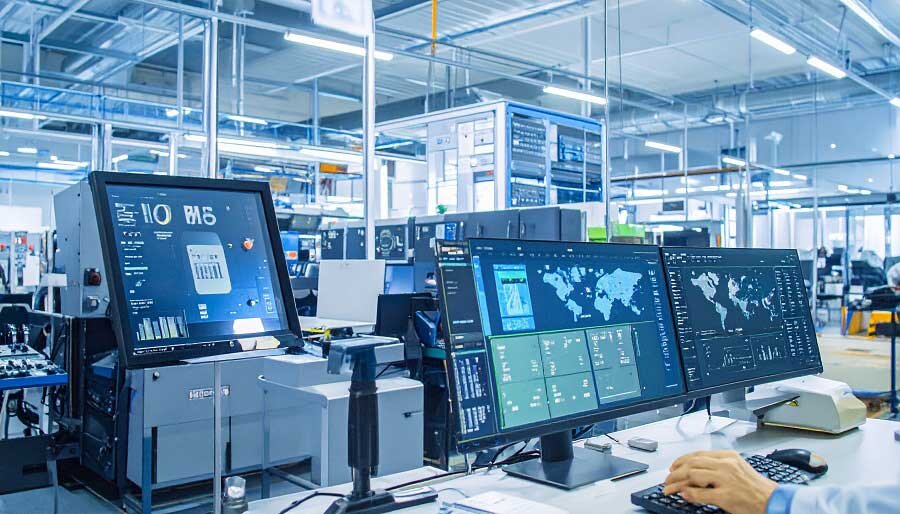 مانیتورهای صنعتی مشغول به کار در یک کارخانه