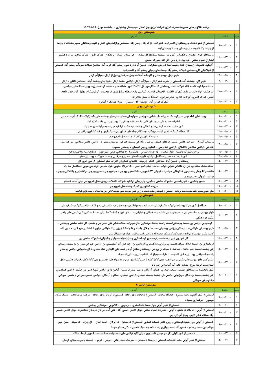 برنامه قطعی برق چهارمحال‌ و بختیاری‌ یکشنبه ۵ مرداد + جدول