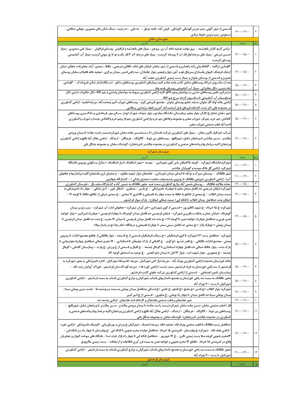برنامه قطعی برق چهارمحال‌ و بختیاری‌ یکشنبه ۵ مرداد + جدول