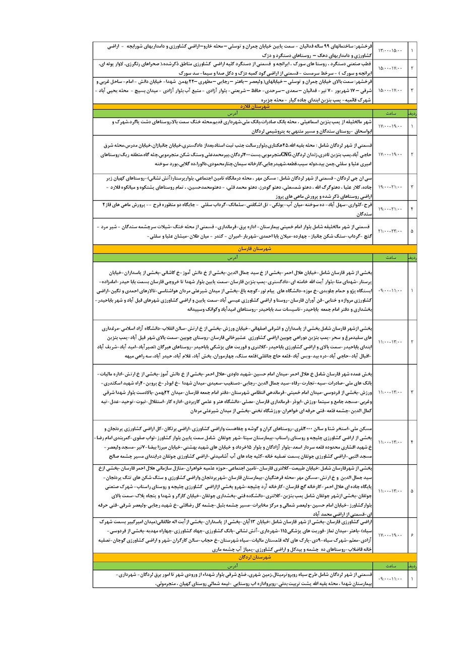 برنامه قطعی برق چهارمحال‌ و بختیاری‌ یکشنبه ۵ مرداد + جدول