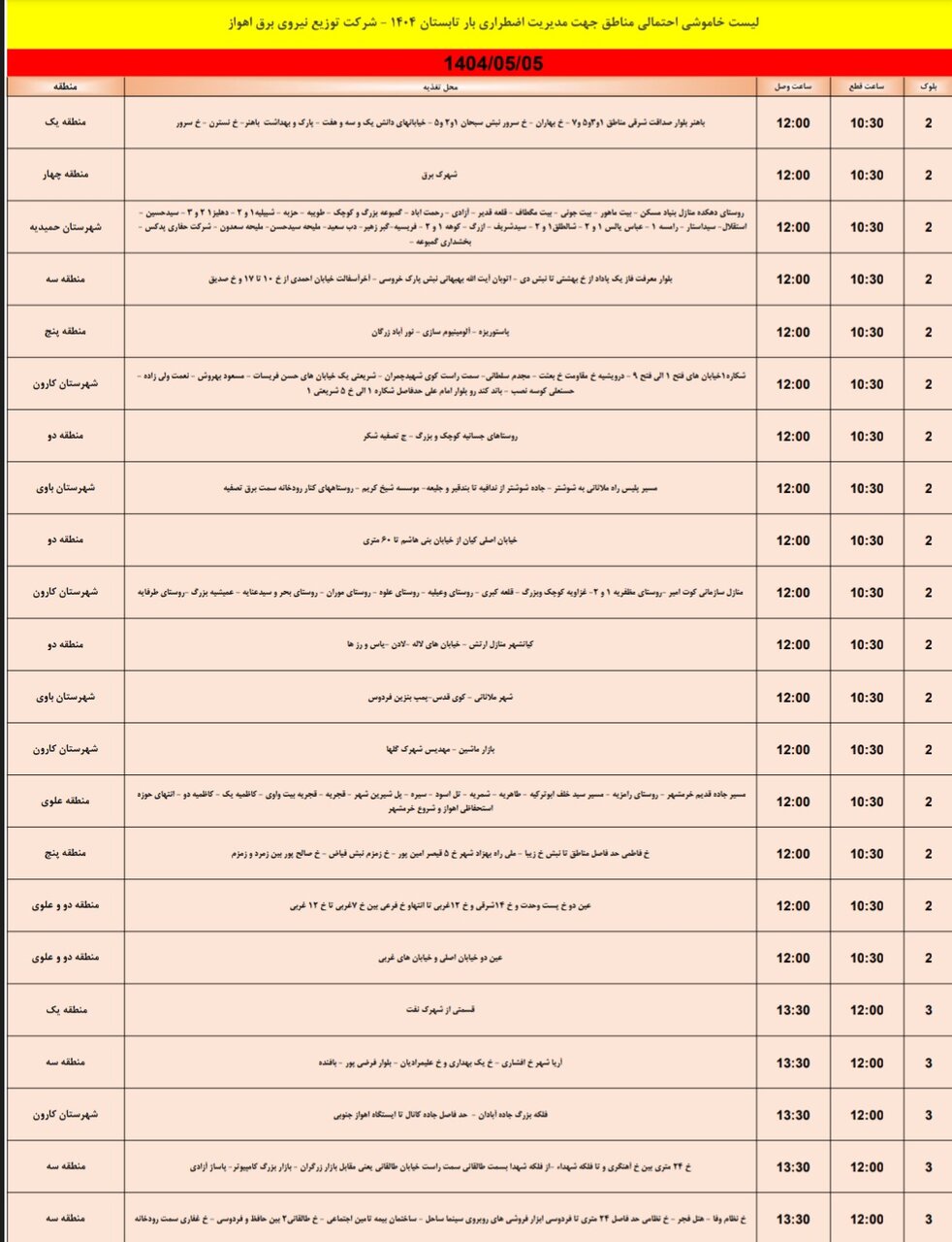جدول خاموشی برق اهواز یکشنبه ۵ مرداد