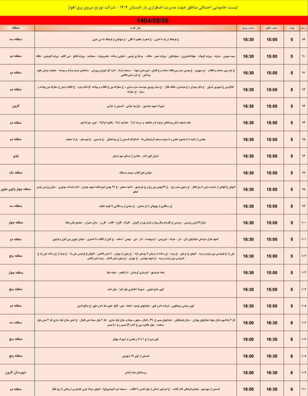 جدول خاموشی برق اهواز یکشنبه ۵ مرداد
