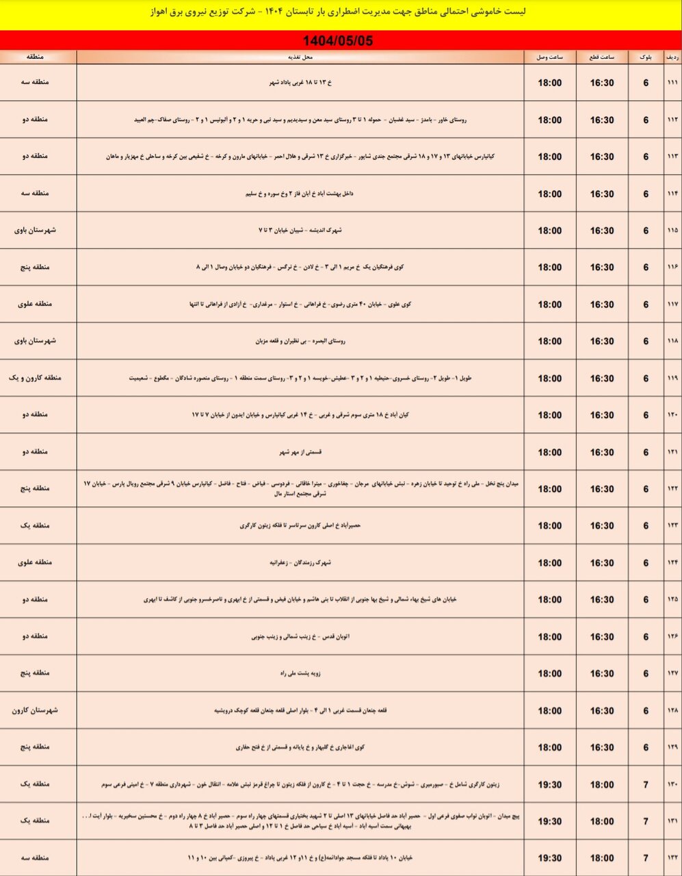 جدول خاموشی برق اهواز یکشنبه ۵ مرداد