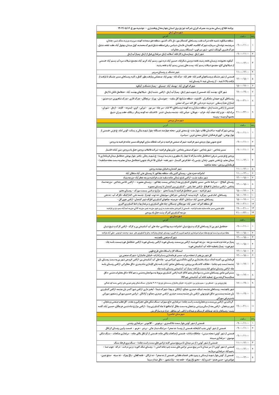 برنامه قطعی برق چهارمحال و بختیاری دوشنبه ۶ مرداد + جدول