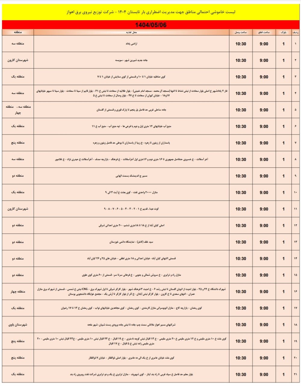 جدول خاموشی برق اهواز دوشنبه ۶ مرداد