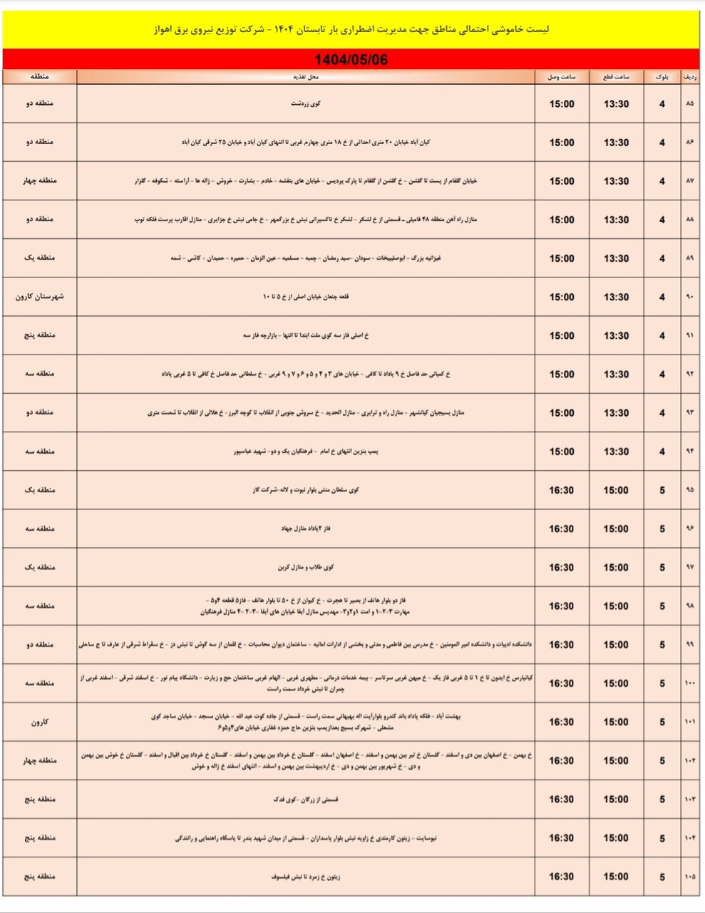 جدول خاموشی برق اهواز دوشنبه ۶ مرداد