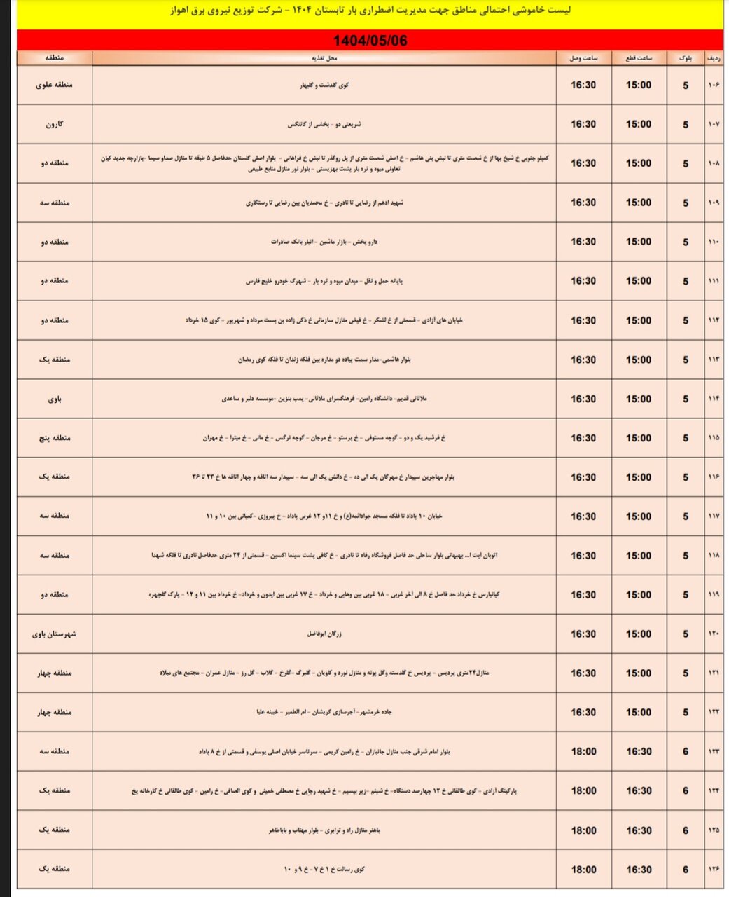 جدول خاموشی برق اهواز دوشنبه ۶ مرداد
