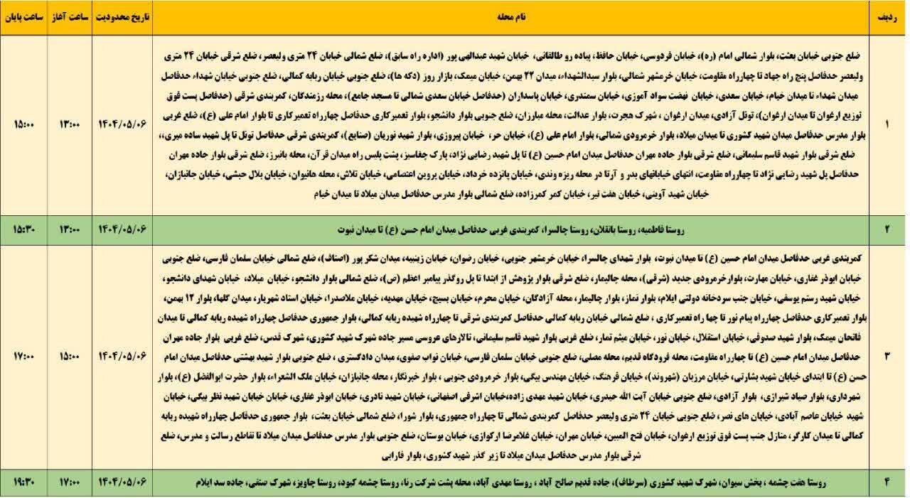 برنامه قطعی برق ایلام امروز یکشنبه ۶ مرداد + جدول