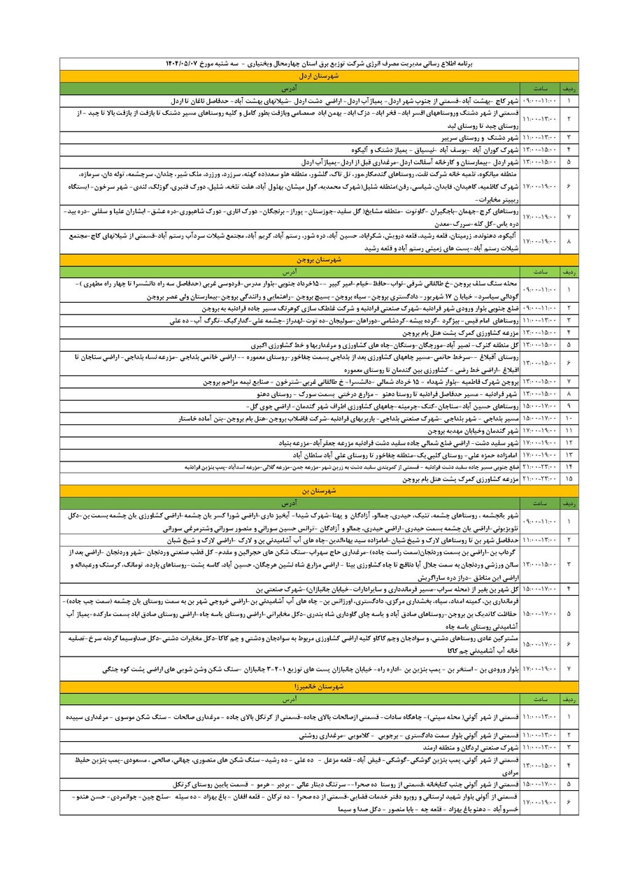 برنامه قطعی برق چهارمحال و بختیاری سه شنبه ۷ مرداد + جدول