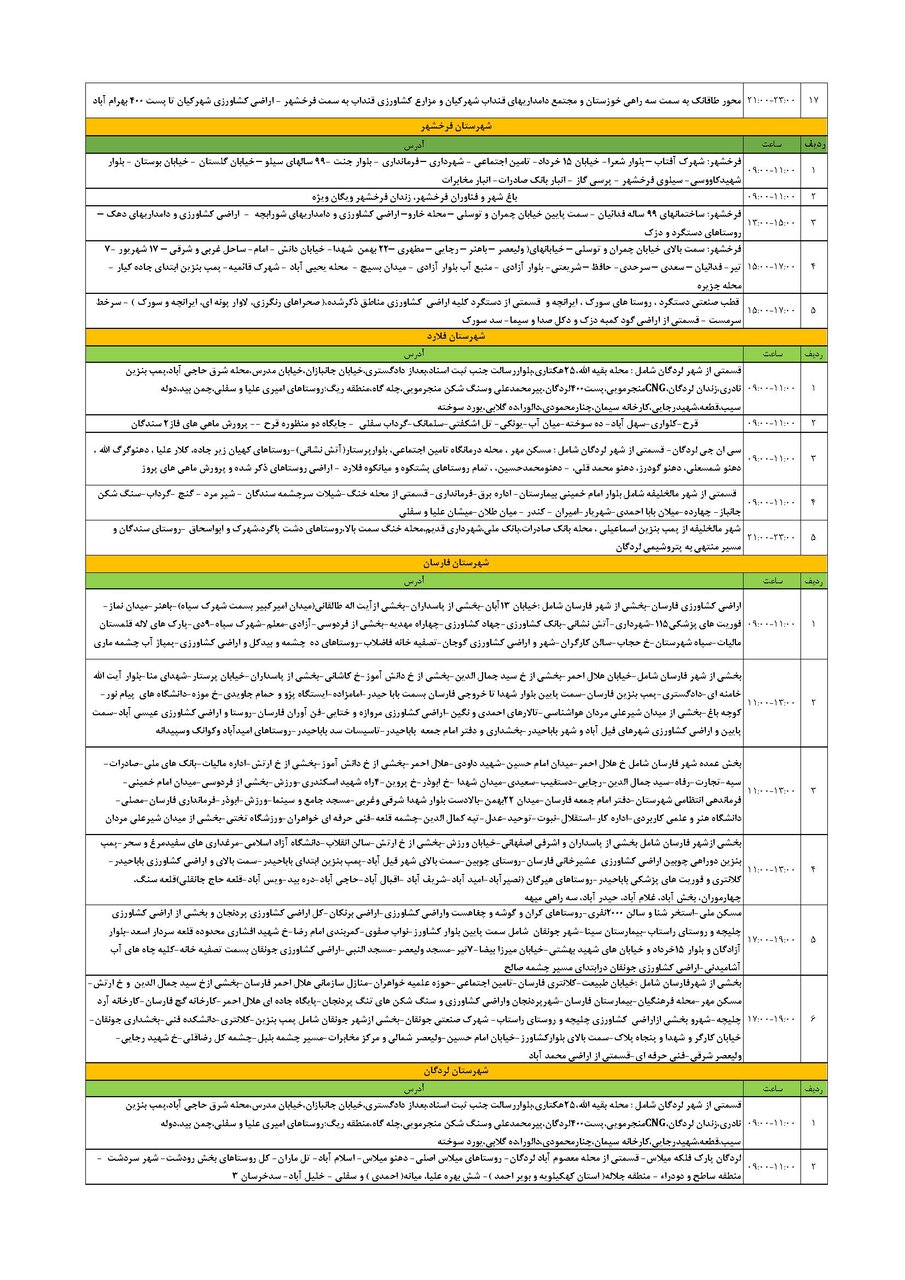 برنامه قطعی برق چهارمحال و بختیاری سه شنبه ۷ مرداد + جدول