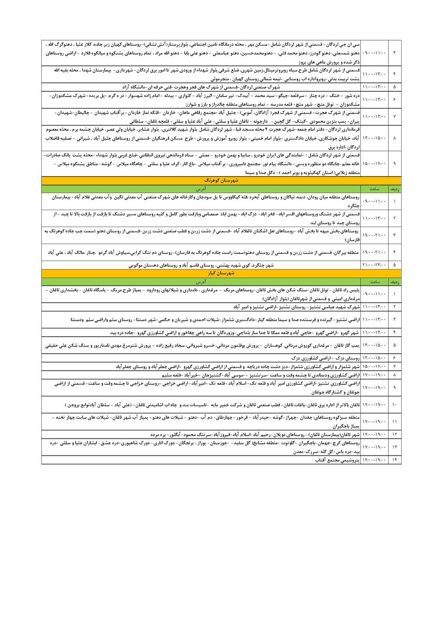 برنامه قطعی برق چهارمحال و بختیاری سه شنبه ۷ مرداد + جدول
