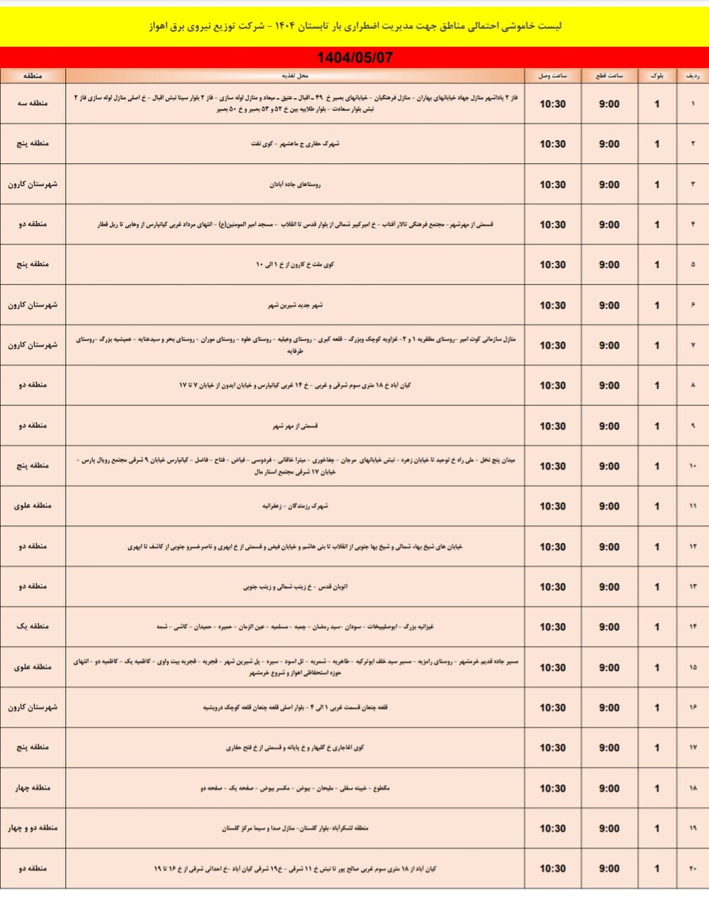 جدول خاموشی برق اهواز سهشنبه ۷ مرداد ۱۴۰۴