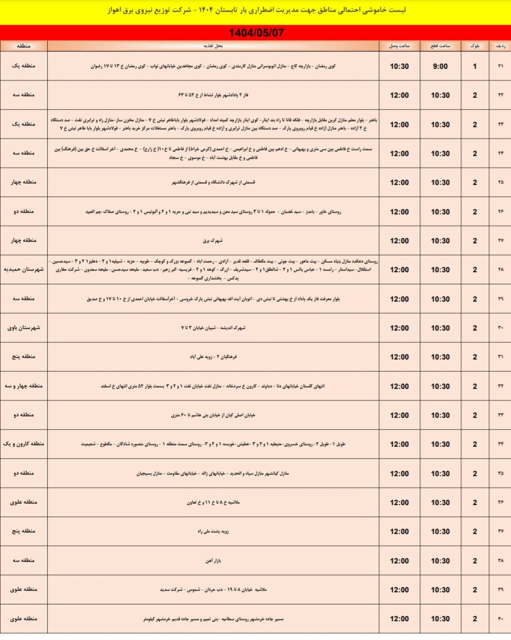 جدول خاموشی برق اهواز سهشنبه ۷ مرداد ۱۴۰۴