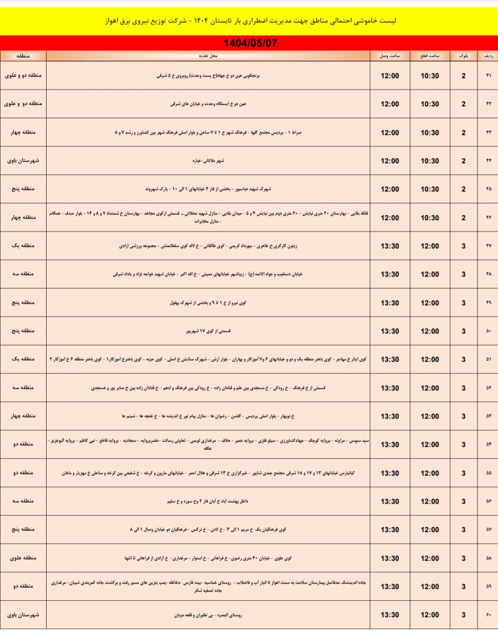 جدول خاموشی برق اهواز سهشنبه ۷ مرداد ۱۴۰۴