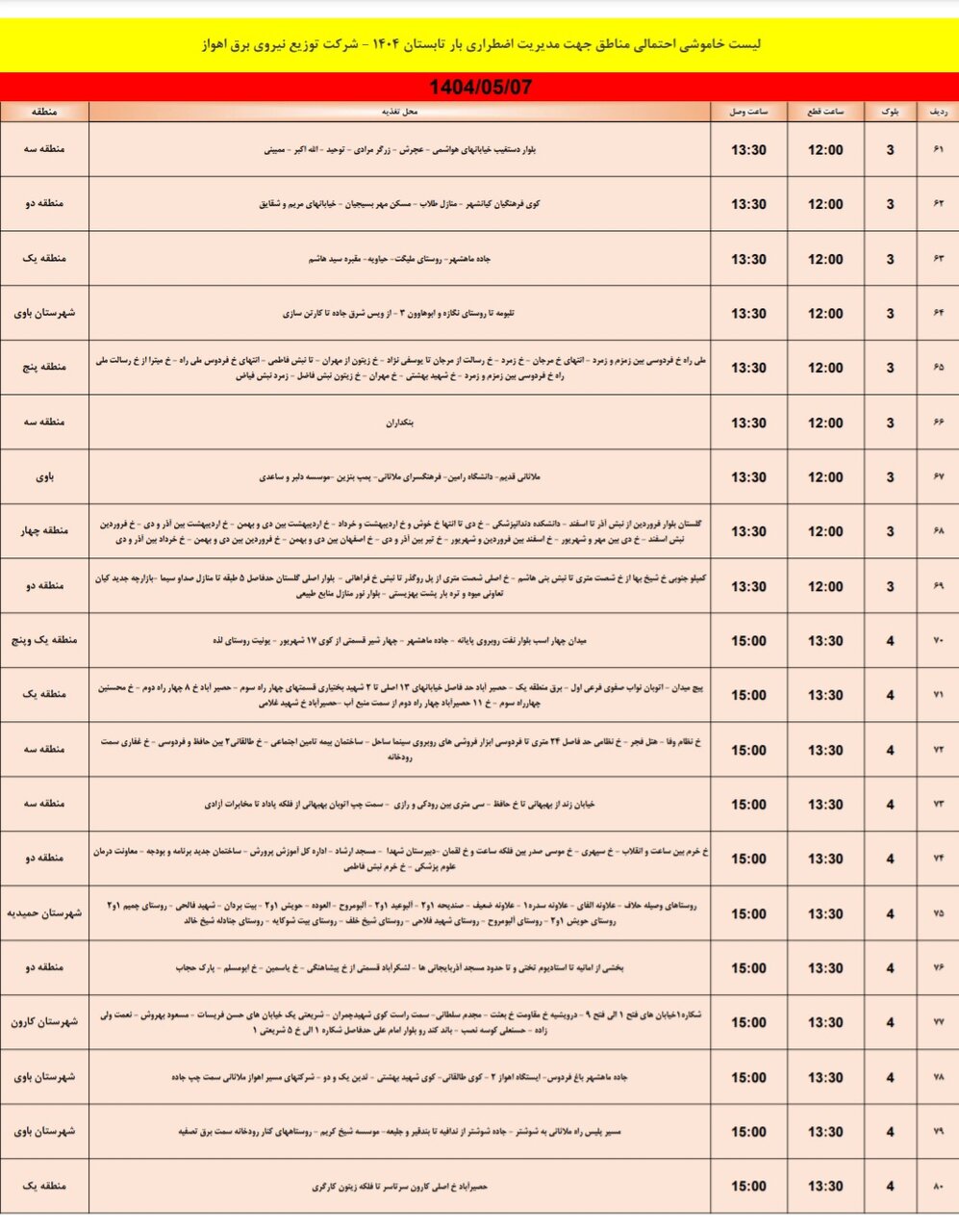 جدول خاموشی برق اهواز سهشنبه ۷ مرداد ۱۴۰۴