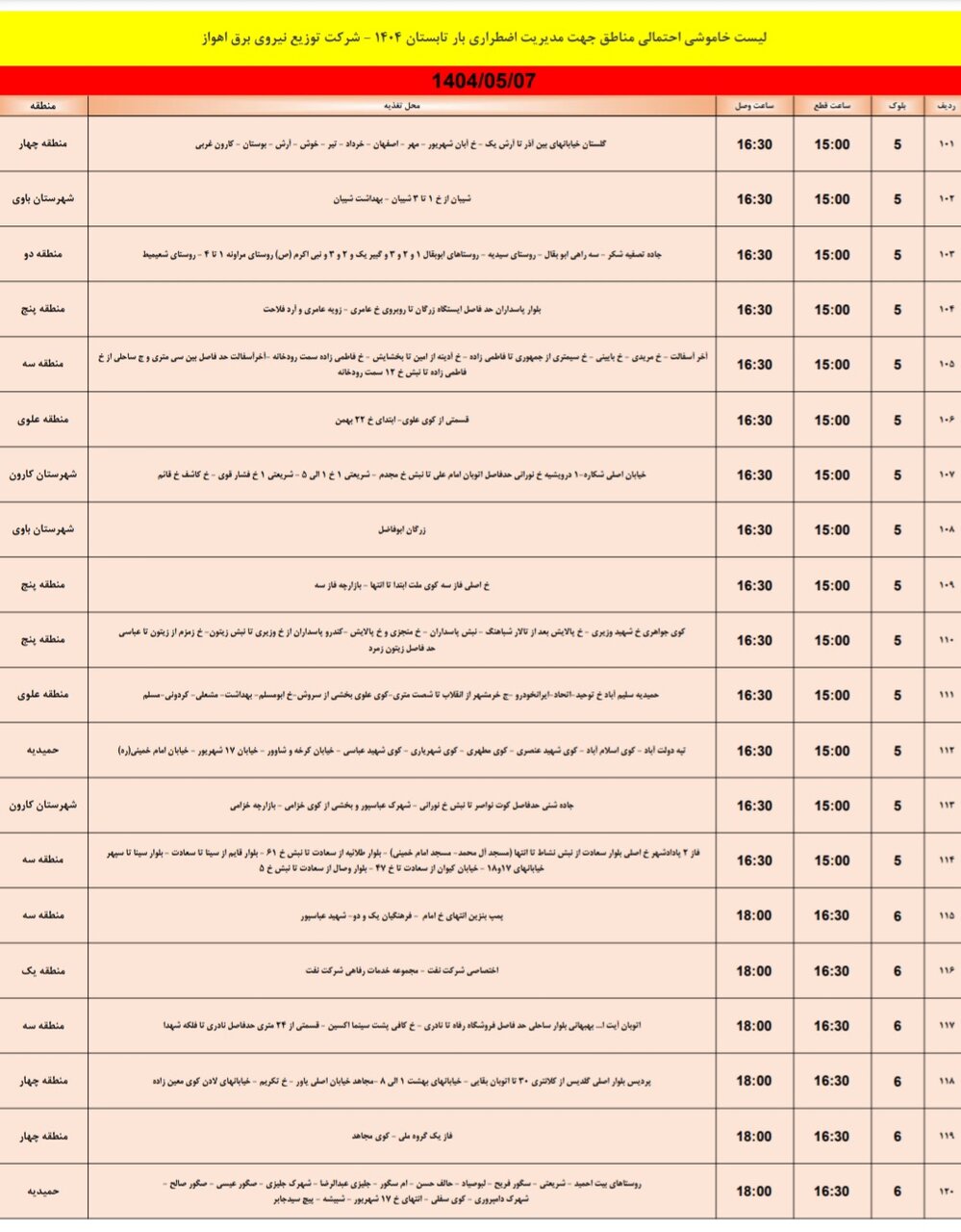 جدول خاموشی برق اهواز سهشنبه ۷ مرداد ۱۴۰۴