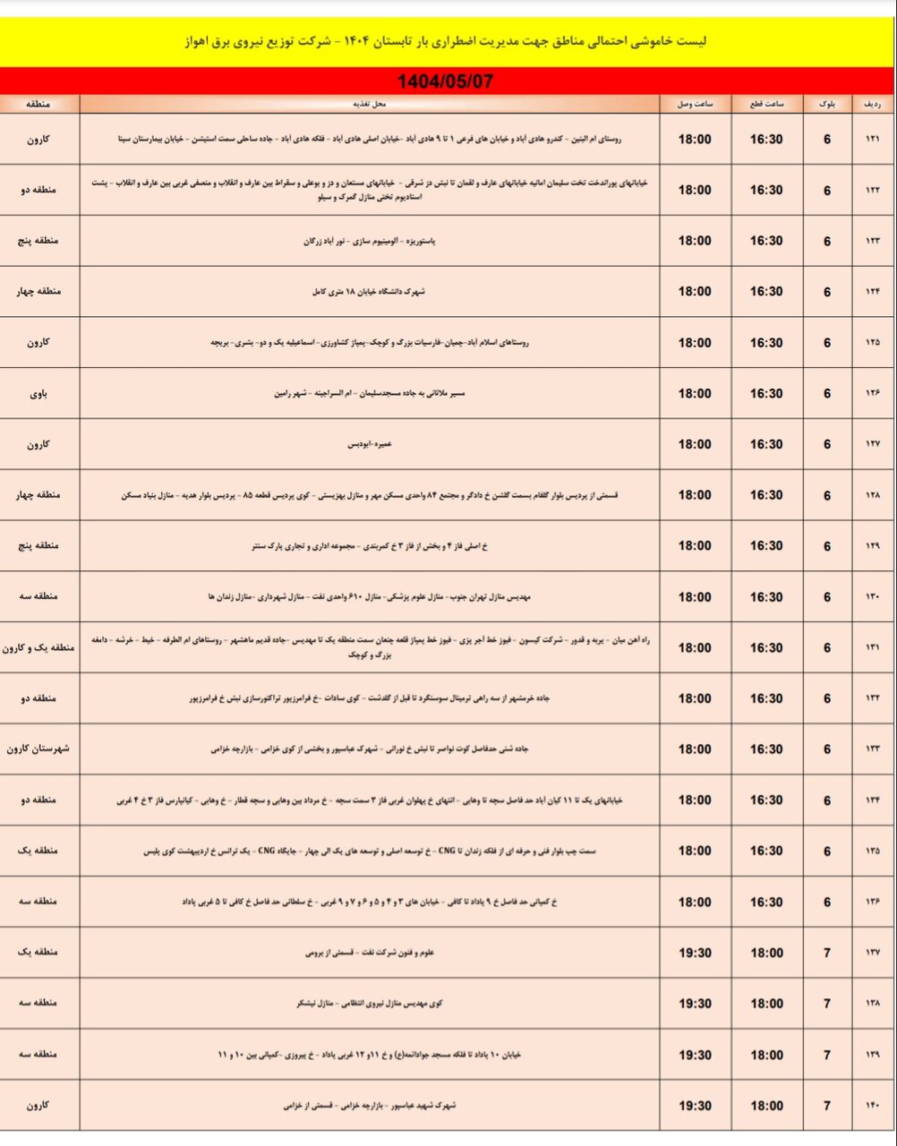 جدول خاموشی برق اهواز سه‌شنبه ۷ مرداد  ۱۴۰۴
