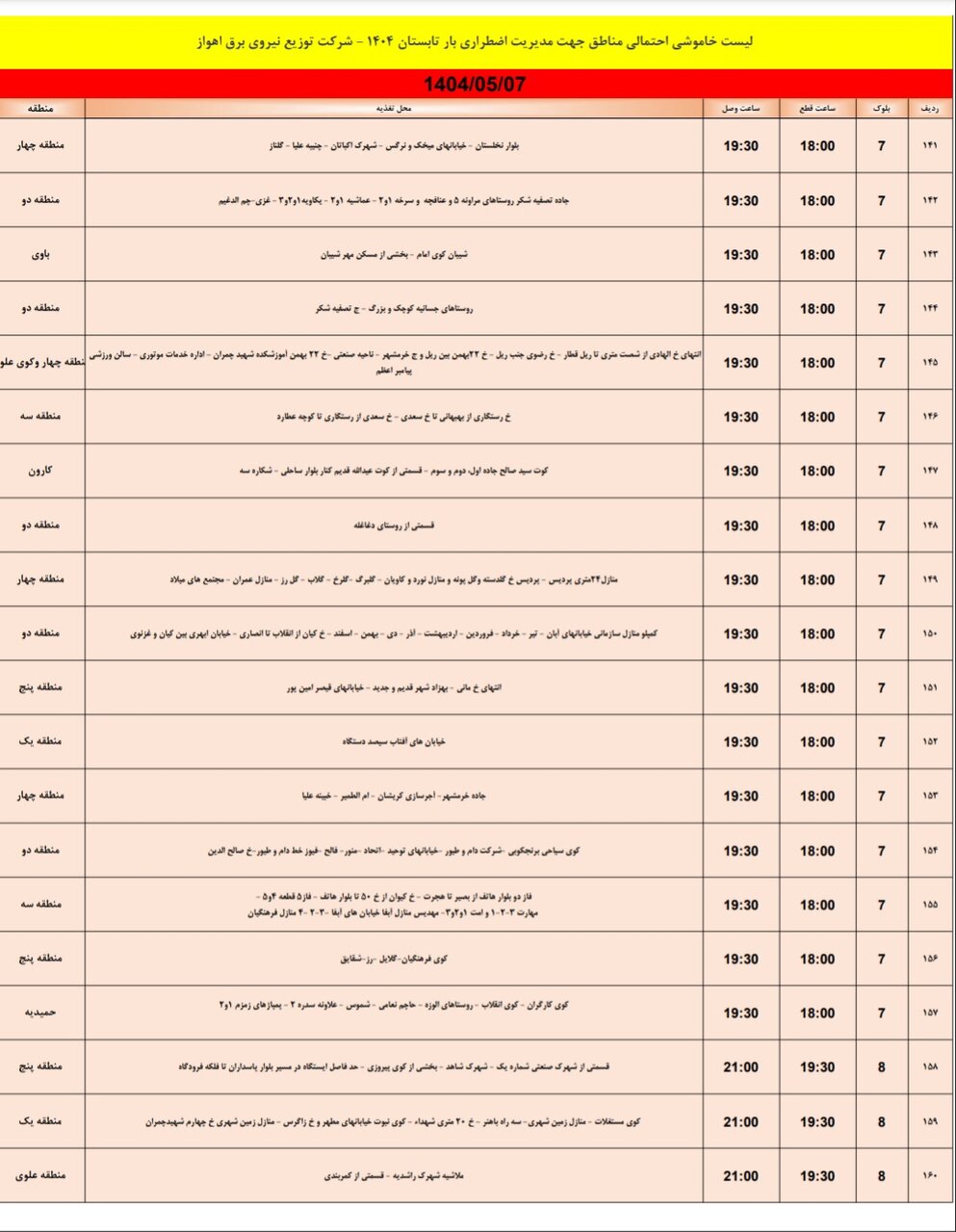 جدول خاموشی برق اهواز سه‌شنبه ۷ مرداد  ۱۴۰۴