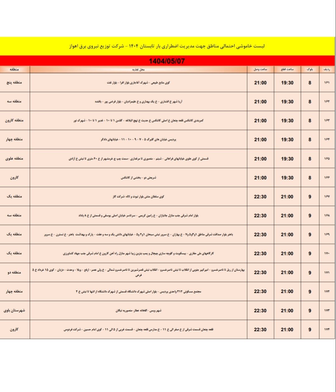 جدول خاموشی برق اهواز سهشنبه ۷ مرداد ۱۴۰۴