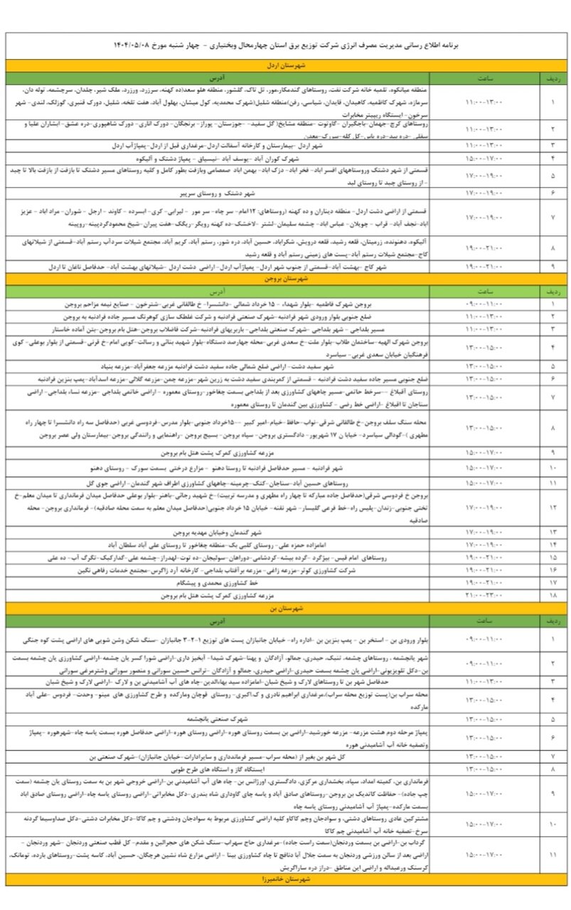 برنامه قطعی برق چهارمحال و بختیاری چهارشنبه ۸ مرداد + جدول
